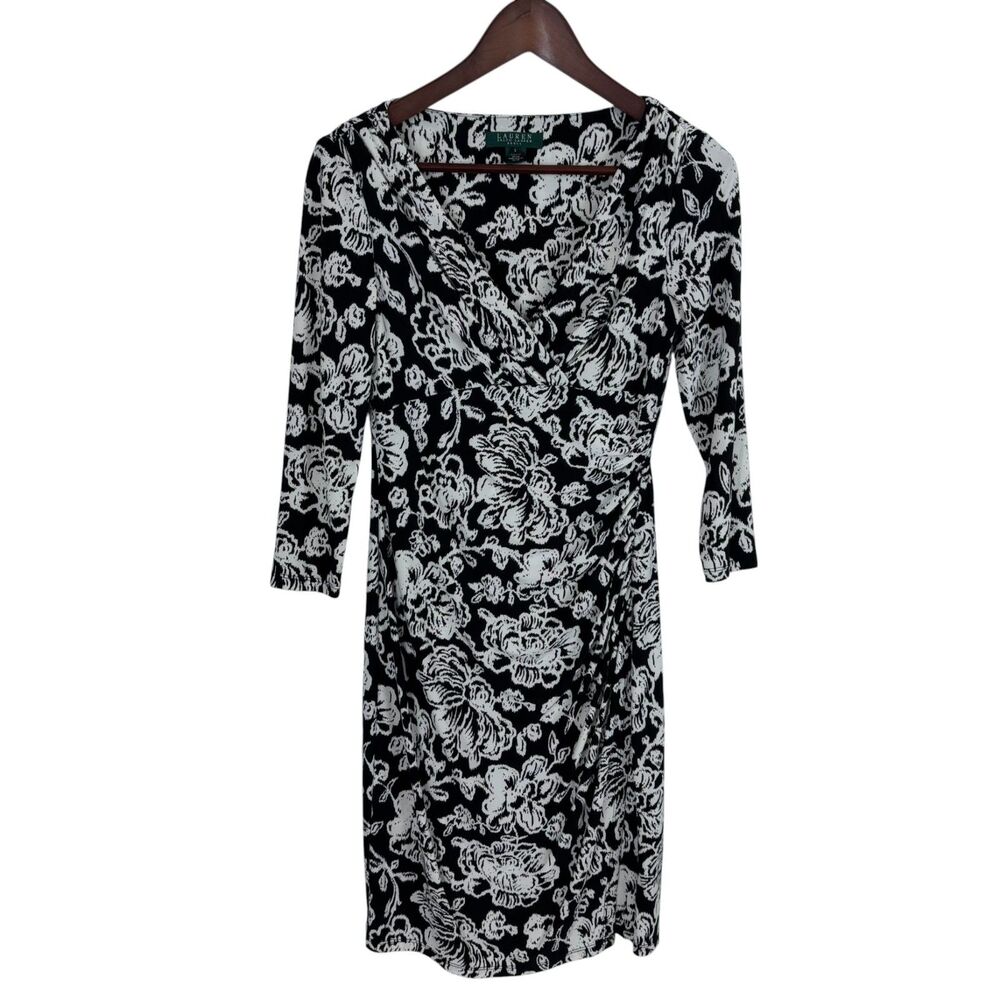 Lauren Ralph Lauren Black White Floral Faux Wrap Dress Women's 2